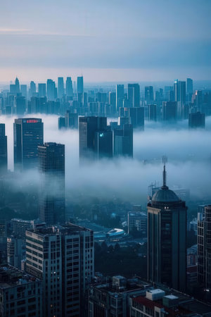Aerial view of skyscrapers in the fog, Shanghai, Chinaの素材