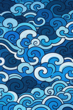 Seamless pattern with blue sea waves. Hand-drawn illustration.の素材