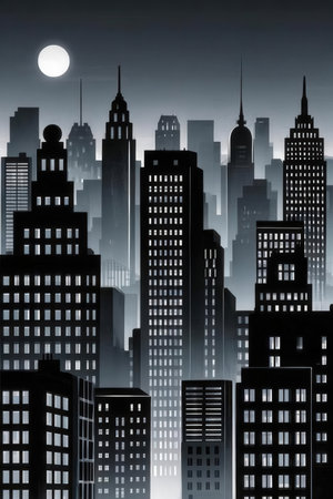 Silhouettes of skyscrapers in the night. Vector illustration.の素材
