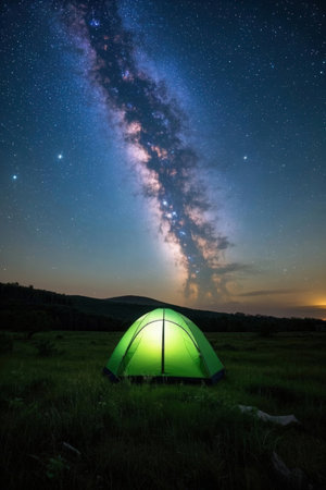 Camping in the mountains under the starry sky and milky wayの素材