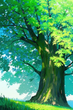 Illustration of a big old tree on a green meadow.の素材