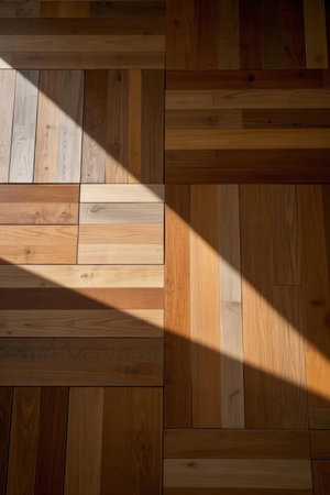 Wooden parquet floor with shadow from the window. Abstract backgroundの素材