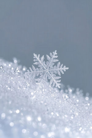 Snowflake on white snow background. Christmas and New Year concept.の素材