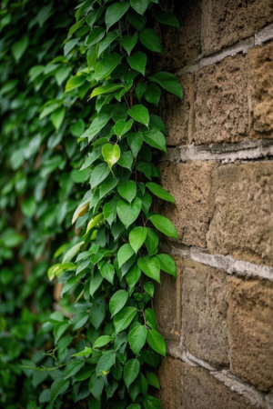 Green leaves on a brick wall. Natural background with copy space.の素材