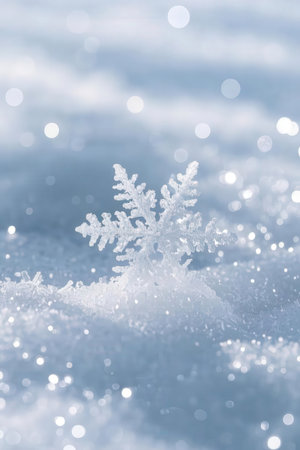 Snowflake on the snow. Winter background with snowflakes.の素材