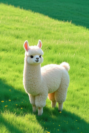 White alpaca on green meadow. Alpaca in the field.の素材