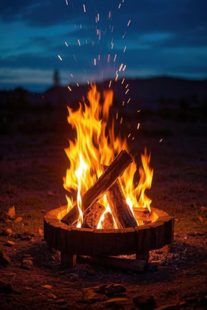 Bonfire in the evening. The fire is burning in the night.の素材