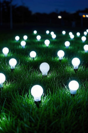 Many LED light bulbs on the green grass in garden at night.の素材