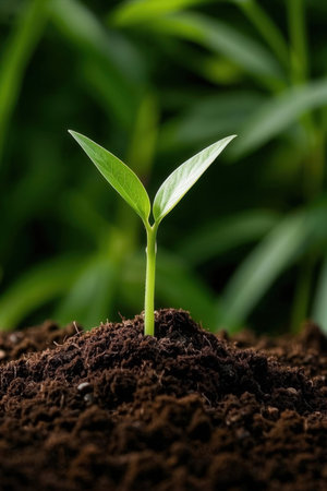 Green seedling illustrating concept of new life and beginning to grow.の素材