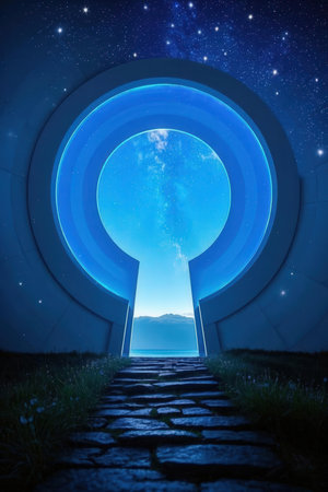 Entrance to the starry sky with a door in the middleの素材