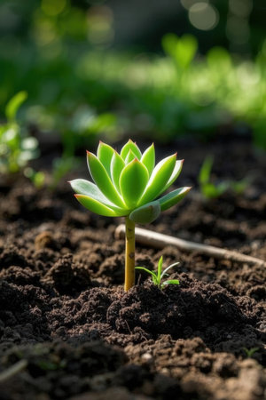 Young green plant growing in the soil. Concept of new life.の素材