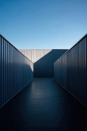 Industrial interior with a lot of blue corrugated metal.の素材