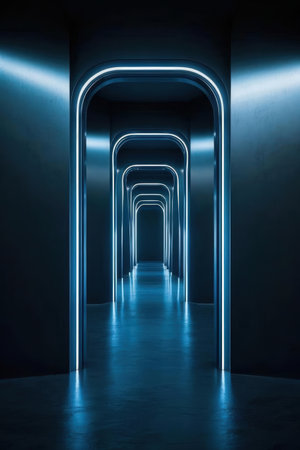 Abstract dark corridor with blue neon light. 3D Rendering.の素材