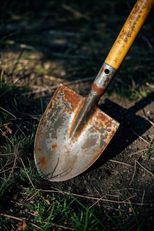 Shovel on the ground. Gardening tools in the garden.の素材