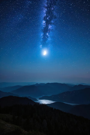 Milky way over the mountains at night with stars and moon.の素材