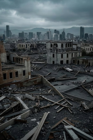Aerial view of the ruins of a building in the city.の素材