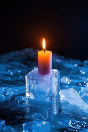 Burning candle in ice cube on black background. Shallow depth of fieldの素材