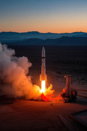 Aerial view of a launch rocket in the desert at sunset.の素材