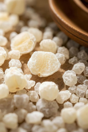 Close up of sea salt on wooden table. Selective focus.の素材