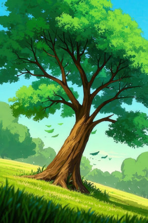 Cartoon tree on green meadow. Vector illustration for your designの素材