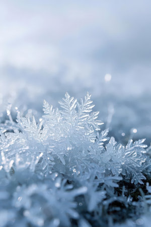 Close-up of snowflakes on the grass. Winter backgroundの素材