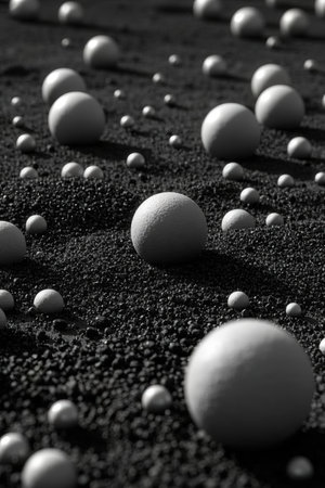 White balls on black sand. Abstract background. 3D rendering.の素材