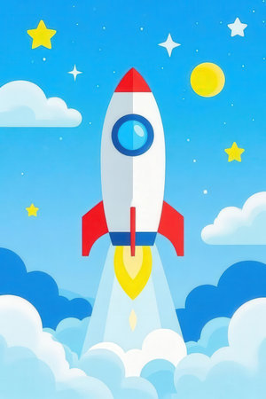 Rocket in the sky with clouds and sun. Vector cartoon illustration.の素材