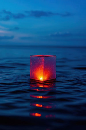 Candle in the sea on the background of the night sky.の素材
