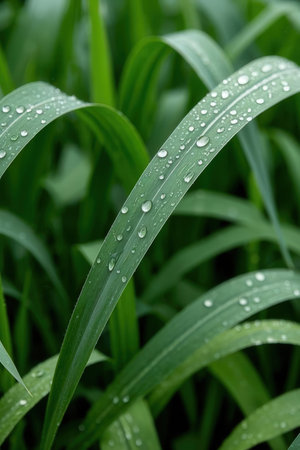 Water drops on green grass after the rain. Shallow depth of field.の素材