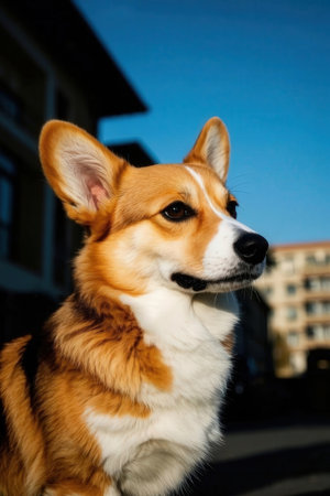 Welsh Corgi Pembroke dog portrait in the cityの素材