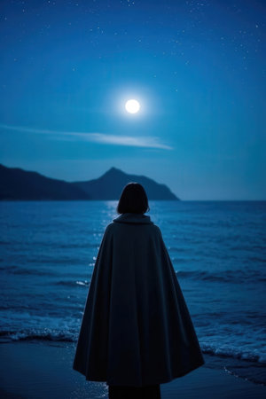 Woman looking at the moon over the sea in the night time.の素材
