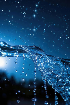 Water splash on dark blue sky background. Water drops in motion.の素材