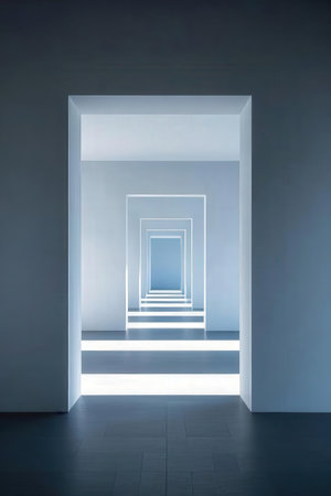 Abstract interior of empty room with white door and shadow. 3D Renderingの素材
