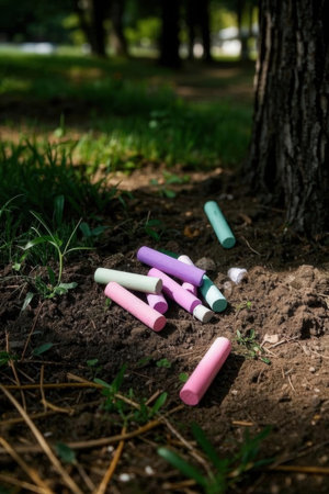 Colored chalks on the ground in the park. Selective focus.の素材