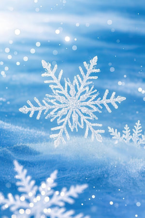 snowflake on blue background with snowflakes and bokehの素材