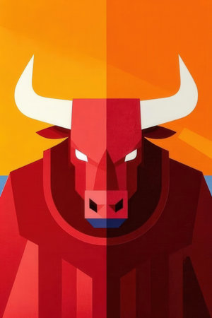 Bull head in the red and orange background, closeup of photoの素材