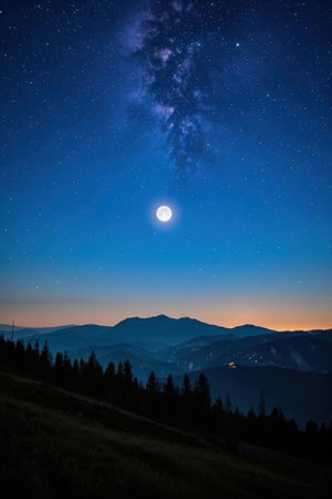 Night sky with stars and moon over the mountains. Carpathians, Ukraineの素材