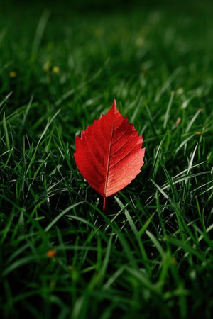 Red autumn leaf on green grass background. Shallow depth of field.の素材