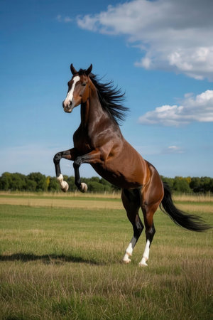 Beautiful bay stallion running on pasturage in summer dayの素材