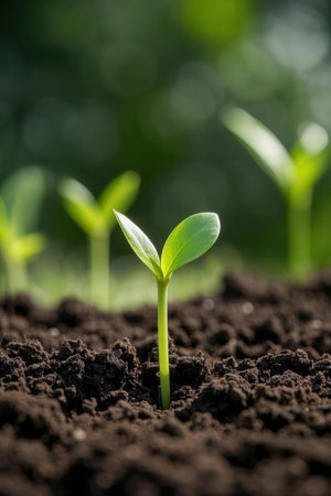Green seedling illustrating concept of new life and natural growing from seedの素材