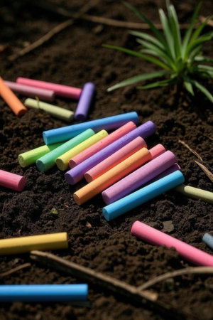 Colored chalks in the ground, shallow depth of field.の素材