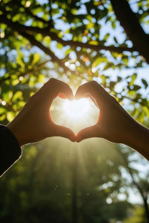 Hands in the shape of a heart on the nature background.の素材
