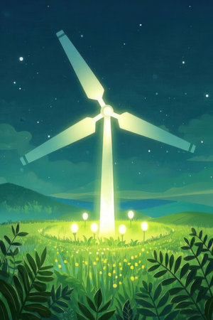 Illustration of a wind turbine on a meadow at night.の素材
