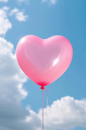 Pink heart-shaped balloon with blue sky and clouds in the backgroundの素材