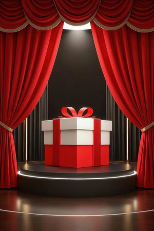 Red curtains and gift box on stage with spotlights, 3d renderの素材