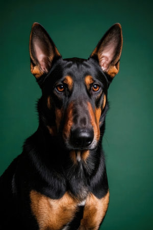 Portrait of a German Shepherd on a green background. Studio shot.の素材