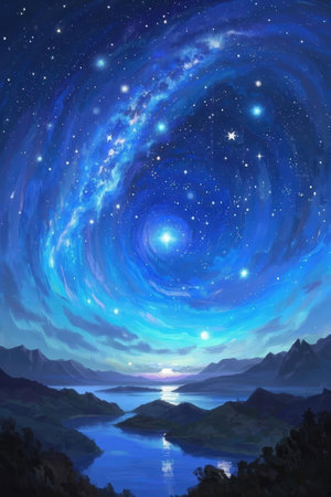 Mountain landscape with lake, star and milky way. Digital painting.の素材