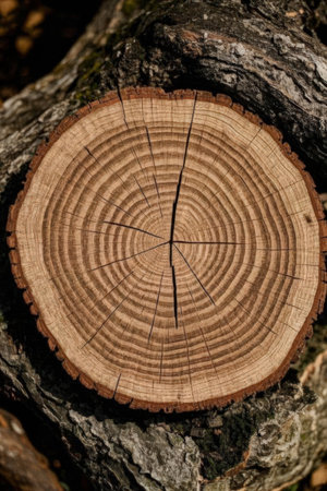 Cross section of a tree trunk with annual rings. Natural background.の素材