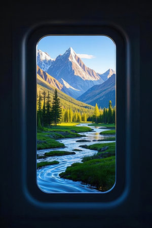 Mountain landscape through the window of a passenger plane. Altai, Russiaの素材