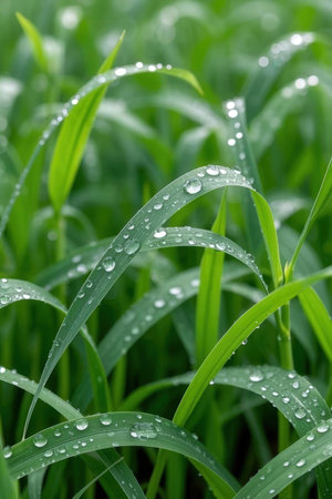 Water drops on green grass after the rain. Shallow depth of field.の素材